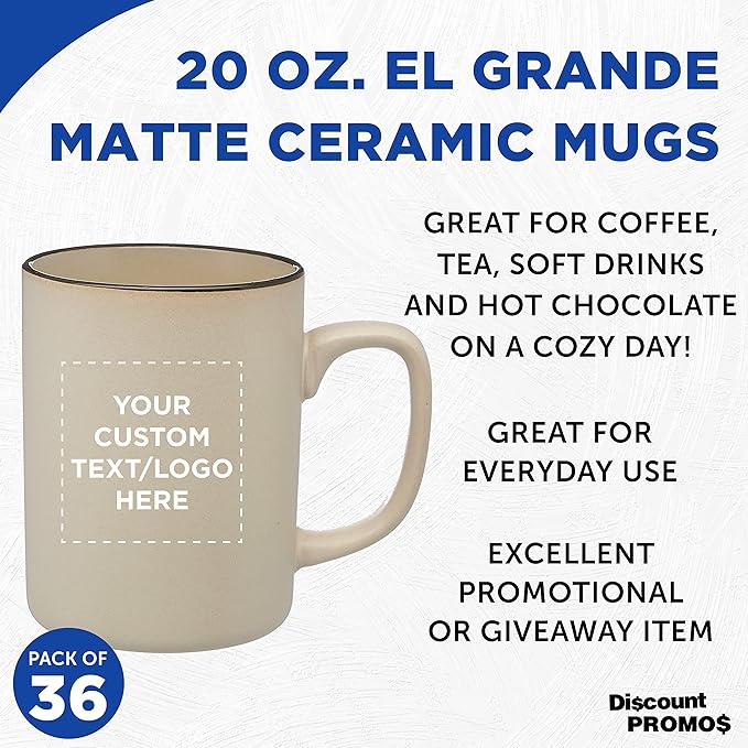 Custom El Grande Matte Ceramic Mugs 20 oz. Set of 36, Personalized Bulk Pack - Perfect for Tea, Espresso, Cappuccino, Hot Cocoa - Beige
