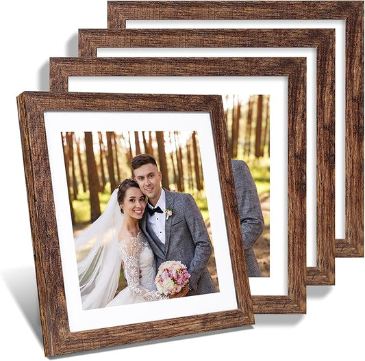12x12 Picture Frame Set of 4 - Made of Glass and Rustic Brown Wooden Frame, Display Square Pictures 10x10 with Mat or 12 x 12 without Mat, Desktop & Wall Collage Photo Frame