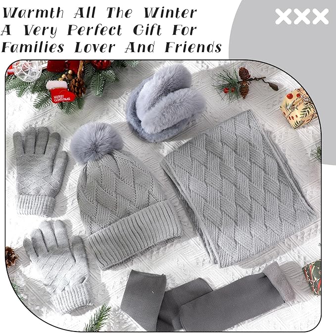 Geyoga 6 Pcs Winter Warm Set for Women Warm Beanies Hats Touchscreen Gloves Long Scarf Ear Muffs Socks Winter Gifts for Women
