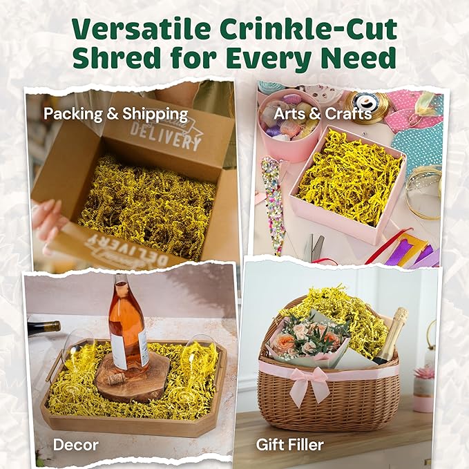10LB USA Made Yellow Crinkle Paper Filler | Great Shredded Paper For Gift Baskets, Shipping Packages, Gift Box Filler, Basket Filler, Birthdays, Weddings, Anniversaries | Yellow Crinkle Shred