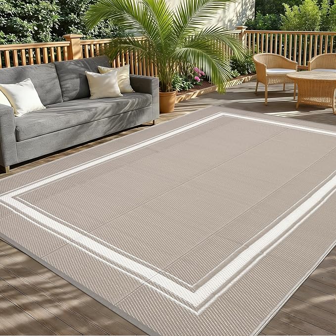 Waterproof Outdoor Rug 9x12 Reversible Plastic Straw Rug Modern Bordered Large Floor Carpet UV Resistant Camping Mat for Outsides RV Patio Backyard Picnic Deck Grey/White