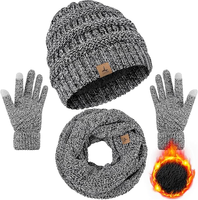 Winter Beanie Hat Scarf Gloves, Warm Fleece Knit Hats Touch Screen Gloves Neck Scarf Set Winter Gifts for Unisex Adult