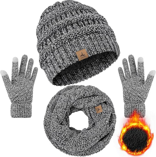 Winter Beanie Hat Scarf Gloves, Warm Fleece Knit Hats Touch Screen Gloves Neck Scarf Set Winter Gifts for Unisex Adult