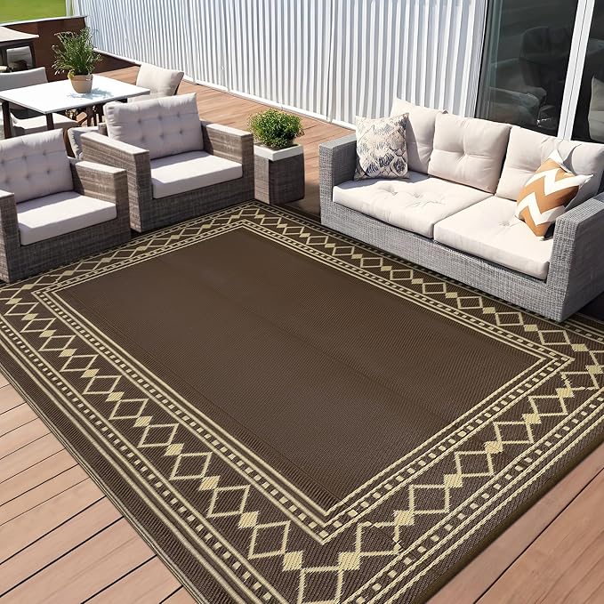 9x18 Large Outdoor Rug,Modern Bordered Plastic Straw Carpet,Waterproof Lightweight Outdoor Carpet,Easy Cleaning Folding Uv Resistant Picnic Camping Mat,Brown/Coffee