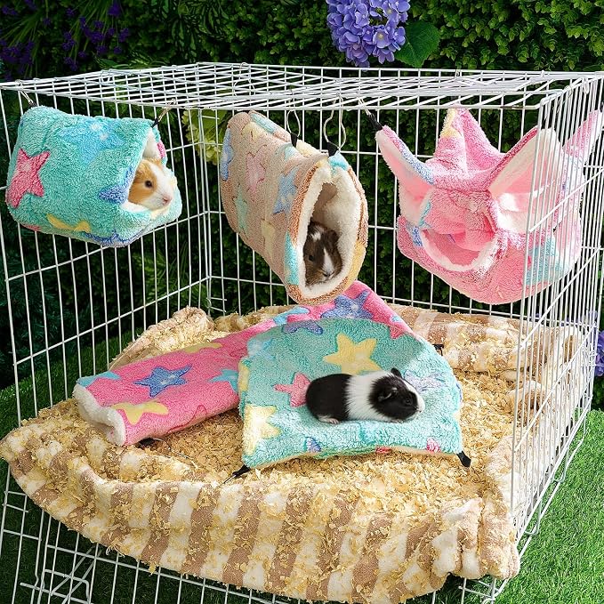 Abbylike 9 Pieces Rat Hammock 3 Tier Guinea Pig Ferret Hammocks Small Pet Hanging Tunnel Glider Toy Guinea Pig Ferret Hideout Bed Cage Accessories for Hamster (Green, Pink, Brown,Stars)