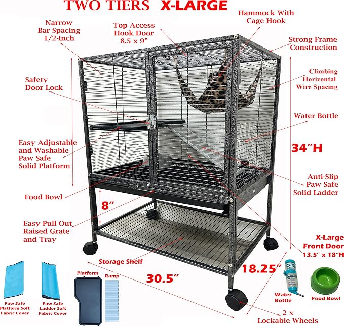 Extra Large 30.5"x18.25"x34"H Two Tiers X-Large Front Doors Top Access Door Tight 1/2-inch Wire Spacing for Feisty Ferret Hammock Chinchilla Cat Sugar Glider Home On Wheels