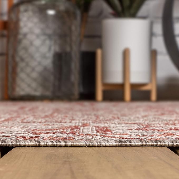 JONATHAN Y Boho Medallion Indoor Outdoor Round Area Rug 5 Ft Red/Taupe, Estrella Textured Weave for Backyard, Patio, Porch, Easy-Cleaning, High Traffic, Pet-Friendly, Non-Shedding (SMB105A-5R)