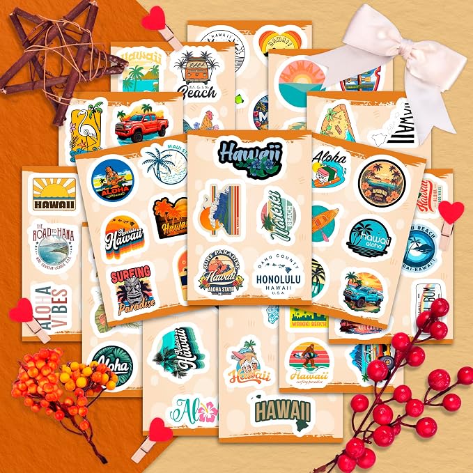 100Pcs Hawaii Stickers for Water Bottle and Laptop - Hawaiian Party Supplies & Decorations, Waterproof Vinyl Decals, State Pride and Icon Stickers, Gifts for Women & Men