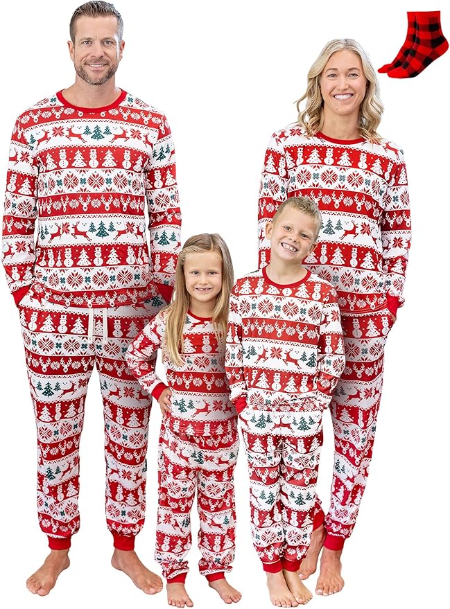 PATPAT Christmas Family Matching Pajama Sets Includes Christmas Socks - Perfect for Family Photos & Holiday Celebrations