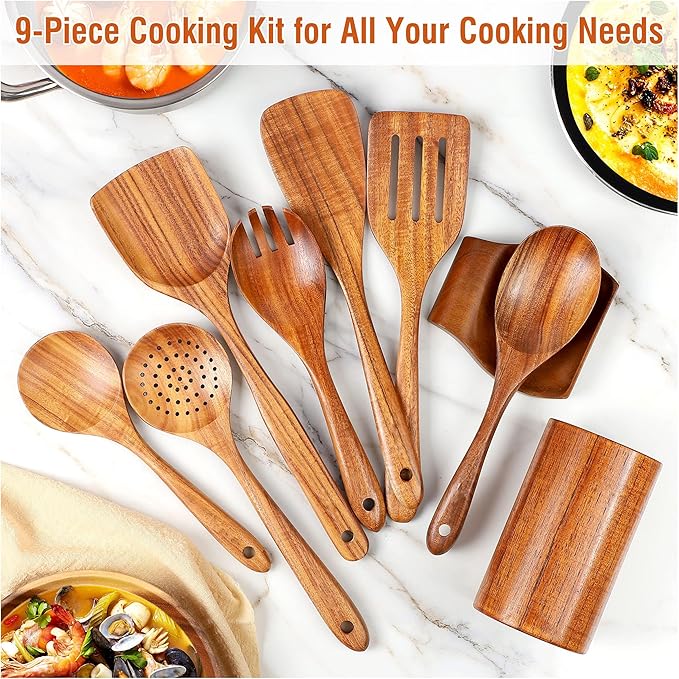 Personalized Wooden Spoons for Cooking, 9 Pcs Wooden Cooking Utensils Set - Custom Engraved Spoon Set - Engraved Kitchen Wooden Spoon Set - Mom Gift- Gift For Her - House Warming Gift