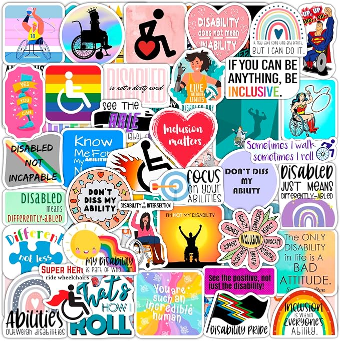 100Pcs Disability Stickers for Water Bottle and Laptop - Disability Pride Party Supplies & Decorations, Waterproof Vinyl Support Decals, Gifts for Women & Men