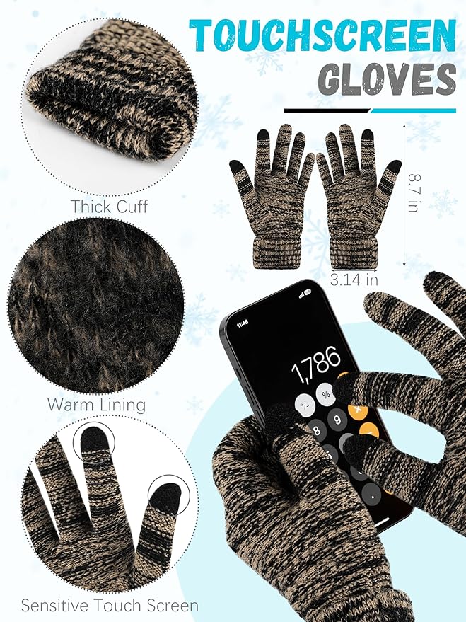Winter Beanie Hat Scarf Gloves, Warm Fleece Knit Hats Touch Screen Gloves Neck Scarf Set Winter Gifts for Unisex Adult