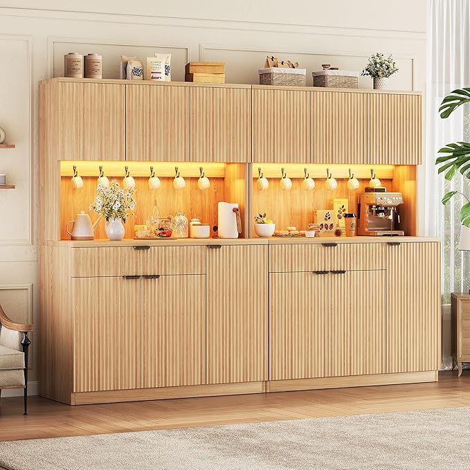 Jocoevol Fluted Kitchen Pantry Storage Cabinet with Charging Station/LED Light/Doors/Shelves, 71'' Tall Kitchen Food Hutch with Microwave Stand for Dining Room Living Room (Natural, 41 * 15.7 * 71)