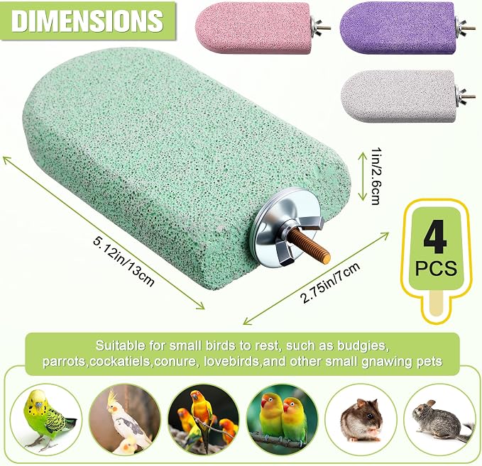 4 Pack Bird Beak Grinding Stone, Pumice Lava Ledge for Birds, Chinchillas, Hamsters, Parrots, Bird Perch Stand Climbing Ledge, Teeth & Beak Grinding Block(Long)
