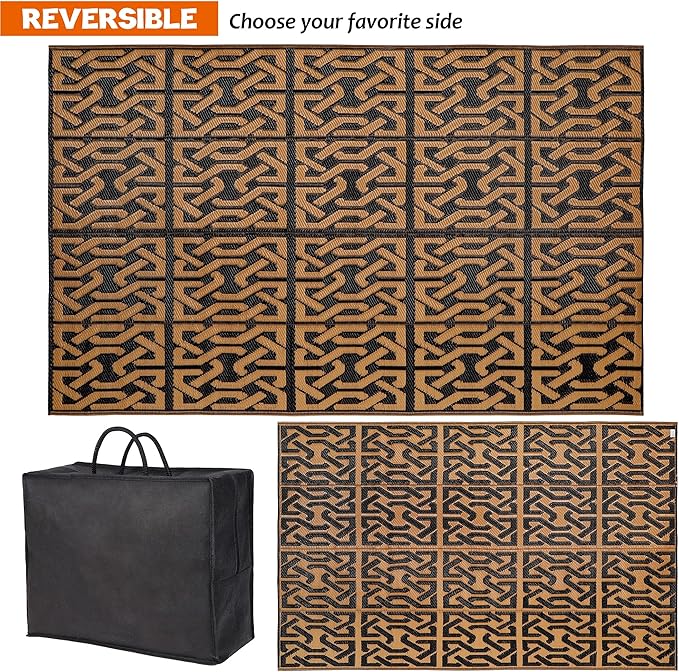 SAND MINE Reversible Mats, Plastic Straw Rug, Modern Area Rug, Large Floor Mat and Rug for Outdoors, RV, Patio, Backyard, Deck, Picnic, Beach, Camping, Trailer, Black & Brown, 5' x 8'