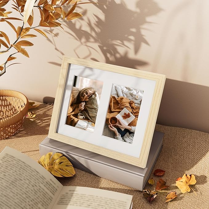Vittanly 8x10 Collage Picture Frame, Displays 2Pcs 4x6 Pictures with Mat or 1Pcs 8x10 without Mat, Photo Frame for Wall Mounting or Table Top with Stand, Nature Wood, 1 Pack