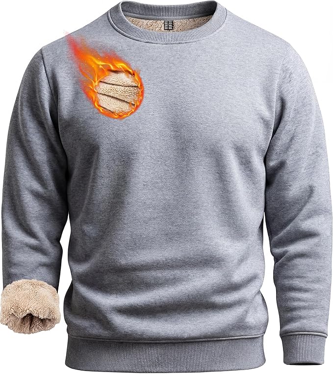 Boladeci Men's Full Sherpa Lined Crewneck Sweatshirts Heavy-weight Fleece Pullover Thick Thermal Long Sleeve Cotton
