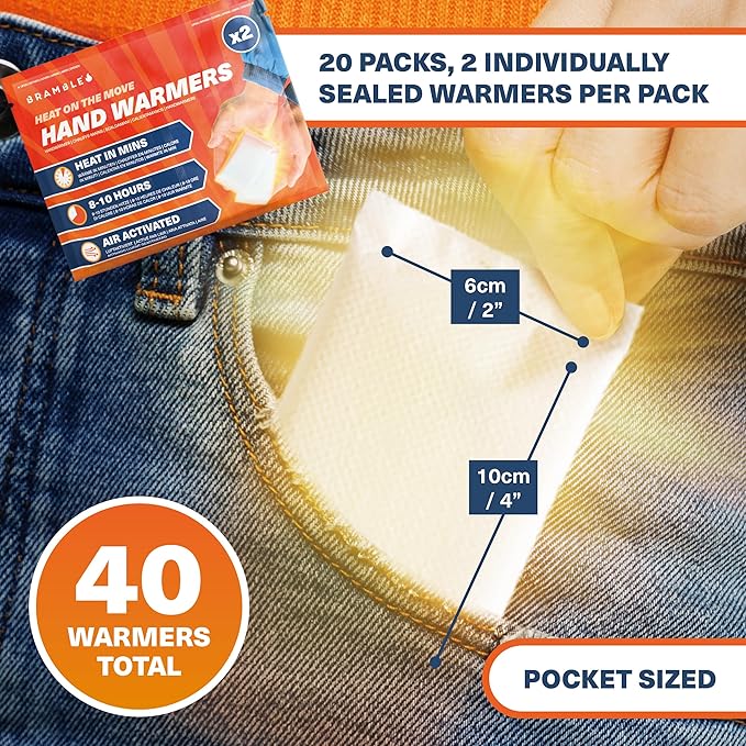 Bramble - Hand Warmers Disposable – Air-Activated Pocket Warmers for Hiking, Skiing, Camping, and Outdoor Activities – Provides Up to 10 Hours of Heat