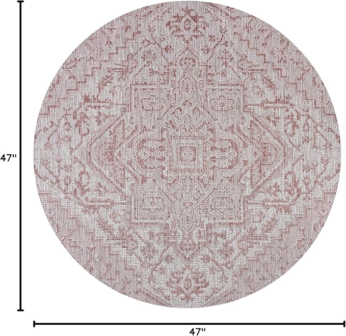 JONATHAN Y Boho Medallion Indoor Outdoor Round Area Rug 4 Ft Red/Taupe, Estrella Textured Weave for Backyard, Patio, Porch, Easy-Cleaning, High Traffic, Pet-Friendly, Non-Shedding (SMB105A-4R)