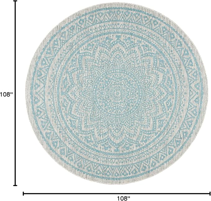 SAFAVIEH Courtyard Collection 9' Round Light Grey / Aqua CY8734 Indoor/ Outdoor Waterproof Easy Cleaning Patio Backyard Mudroom Area Rug