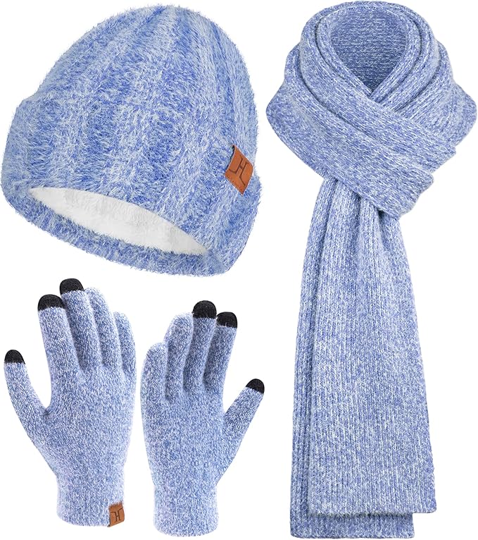 Womens Winter Warm Knit Beanie Hat Touchscreen Gloves Long Neck Scarf Set with Fleece Lined Skull Caps Gifts for Women