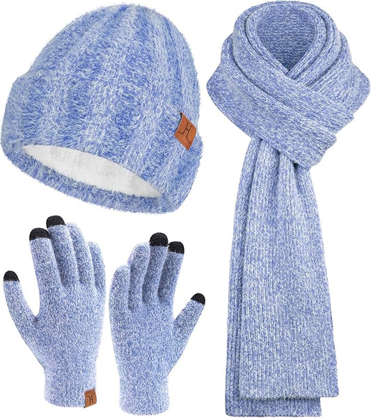 Womens Winter Warm Knit Beanie Hat Touchscreen Gloves Long Neck Scarf Set with Fleece Lined Skull Caps Gifts for Women