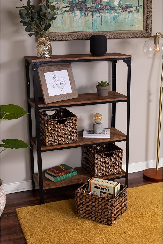 BIRDROCK HOME Storage Shelf Organizer Baskets with Handles - Handwoven Abaca Seagrass Wicker Basket for Pantry, Living Room, Office & Bathroom, Versatile Under Shelf Storage - Set of 3, Brown Wash