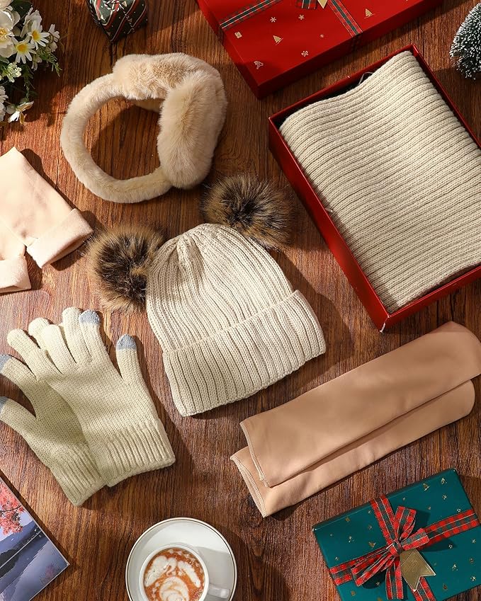 Geyoga 6 Pcs Winter Warm Fleece Knit Hat Long Scarf Touchscreen Gloves Ear Muffs Socks Sets, Winter Warm Gifts for Women