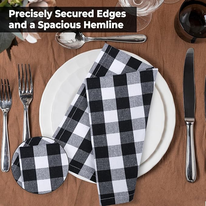 Urban Villa Cloth Napkins 100% Cotton Dinner Napkins Highly Absorbent 20x20 Inches (Set of 12) Black White Buffalo Checks Reusable Washable Soft Durable Premium Napkins Ideal for Home Wedding Parties
