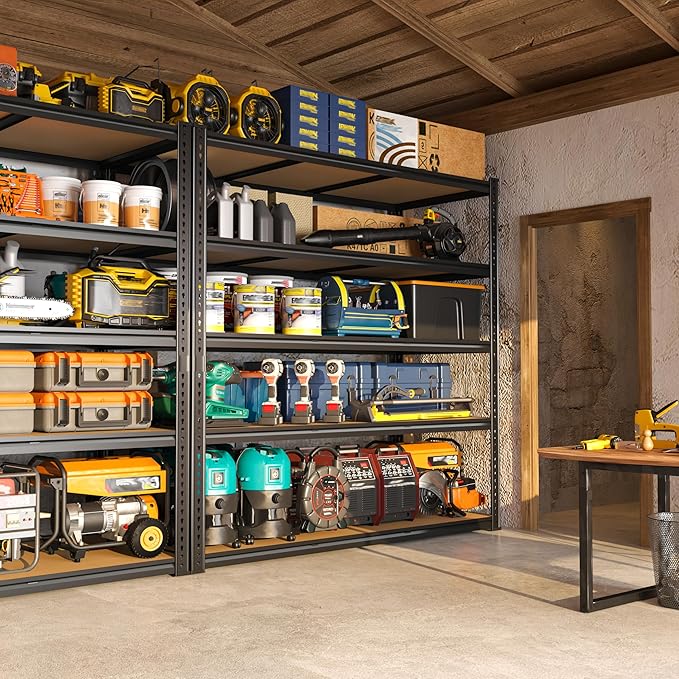 48" W Garage Shelving Heavy Duty 3080LBS Garage Storage Shelving, 5 Tier Adjustable Metal Shelving Unit Utility Rack Shelf for Warehouse, Pantry, Closet, Kitchen 72" H x 48" W x 24" D, Black,2PCS