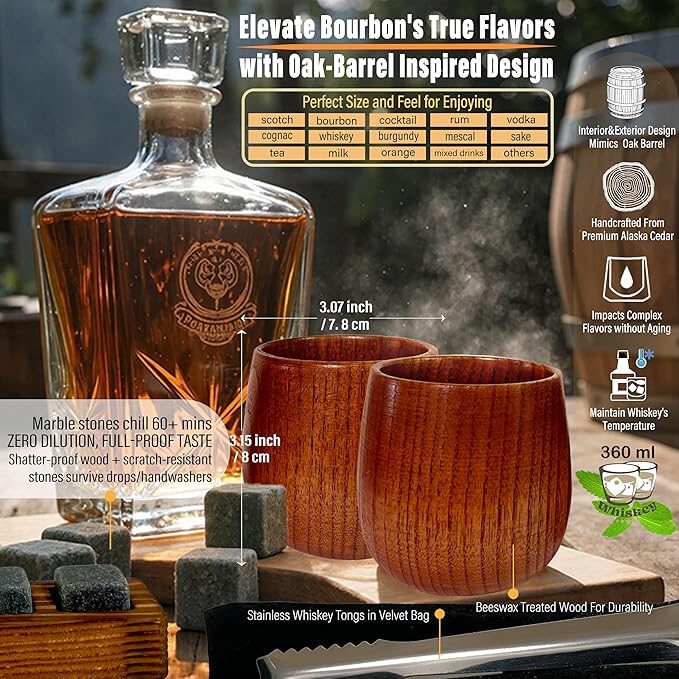 Premium Handcrafted Wooden Bourbon Whiskey Drinking Glasses Set | Wooden Old Fashioned Whiskey Glasses for Men/Woman Unique | Bourbon Tumbler | Anniversary Birthday Retirement Gifts in Gift Packaging