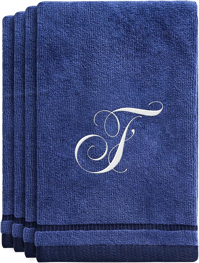 Creative Scents Navy Blue Monogrammed Towels with Initials - 4 Pack Super Absorbent Bathroom Fingertip Cotton Towel with Soft Velour Finish - Personalized Gifts for Freinds & Family 11"x18" Initial F