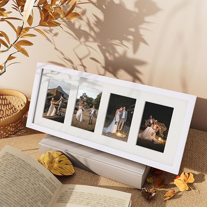 Vittanly 8x20 Collage Picture Frame, Displays 4Pcs 4x6 Pictures with Mat or 1Pcs 8x20 without Mat, Picture Frames Collage Wall Decor for Horizontal or Vertical Display, White, 1 Pack