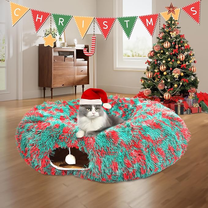 Warm Fluffy Plush Cat Tunnel Bed Under Christmas Tree Big Tube Playground Toys 3 FT Diameter Longer Crinkle Collapsible 3 Way, for Indoor Cat Kitty Kitten Puppy Rabbit Ferret Green-Red