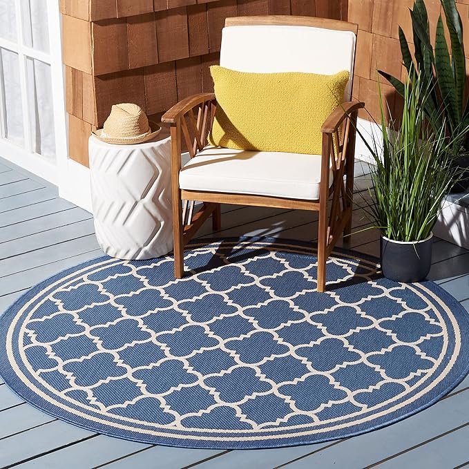 SAFAVIEH Washable Rug Outdoor Courtyard Collection - 6'7" Round, Blue & Beige, Non-Shedding & Easy Cleaning, Ideal for Patio, Backyard, Mudroom (CY6918-243)