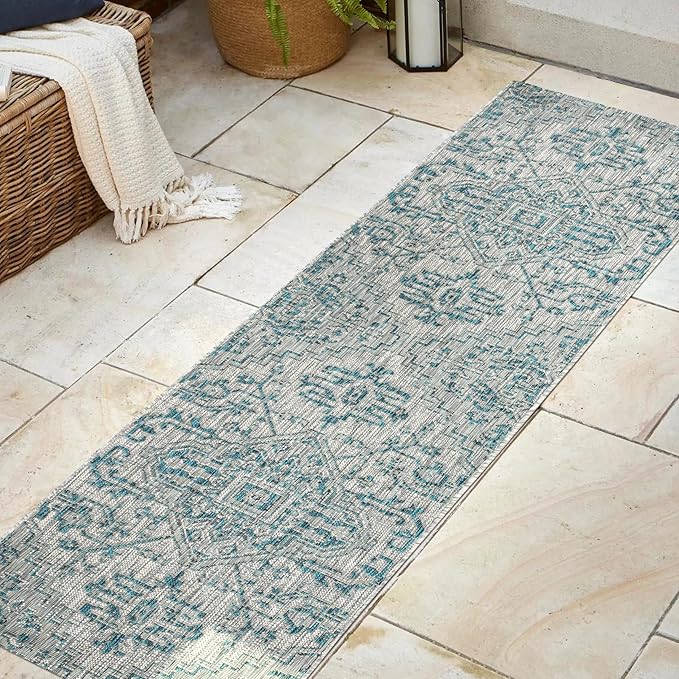 JONATHAN Y Boho Medallion Indoor Outdoor Runner Rug 2X8 Teal/Gray, Estrella Textured Weave for Backyard, Patio, Porch, Easy-Cleaning, High Traffic, Pet-Friendly, Non-Shedding (SMB105C-28)
