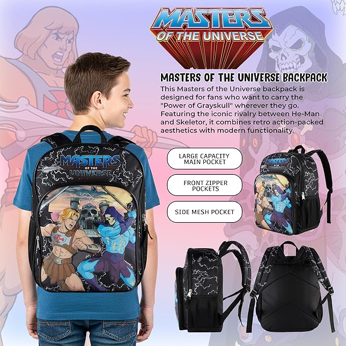 AI ACCESSORY INNOVATIONS Masters of the Universe Castle Grayskull Backpack for Kids, 16 Inch Bookbag featuring He-Man & Skeletor, Black