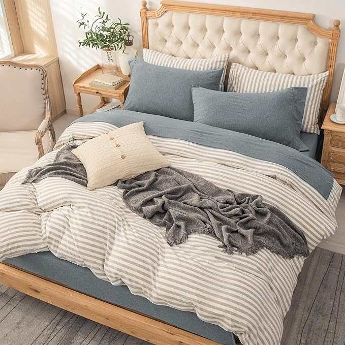 PURE ERA Jersey Knit 4pc Bed Sheet Set 100% T-Shirt Cotton Super Soft Comfy Breathable Fits Mattress Up to 20" Extra Deep Pocket (Heather Blueish Grey, King)