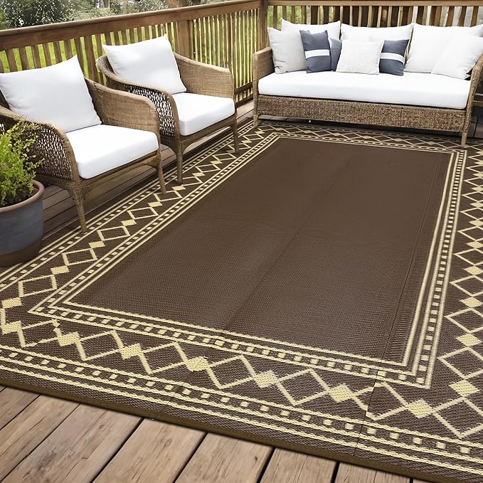 8x10 Outdoor Rug,Waterproof Geometric Plastic Straw Carpet,Easy Cleaning Folding Uv Resistant Picnic Camping Mat,Lightweight Outdoor Carpet,Brown/Coffee