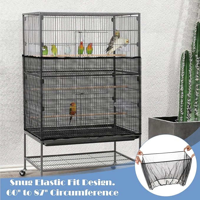 Trinkrittey Adjustable Bird Cage Seed Catcher Net Cover Elastic Band Mesh Cover Black for Parrot Cages