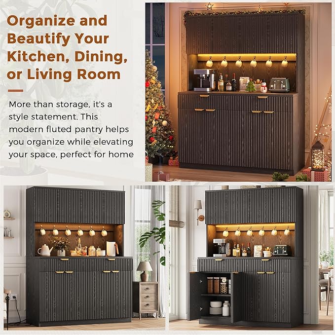 Fluted Kitchen Pantry Storage Cabinet with Charging Station/LED Light/Drawer/Doors/Shelves, 71'' Tall Kitchen Food Hutch with Microwave Stand for Dining Room Living Room (Black, 47*15.7*71)