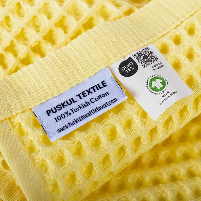 PÜSKÜL - Set of 3 Organic Waffle Hand Towel Yellow - Premium Quality, 100% Turkish Cotton, Soft, Quick-Dry, Absorbent, Lint-Free Face Kitchen Hand Towels (Light Yellow, Hand Towels - Pack of 3)