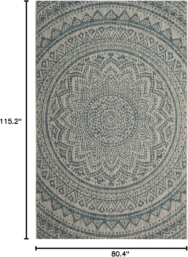 SAFAVIEH Courtyard Collection 80.4" x 115.2" Grey / Teal CY8734 Indoor-Outdoor Waterproof Easy-Cleaning Patio Backyard Mudroom Area-Rug
