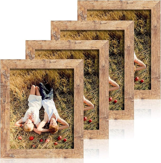 iRahmen 8x10 Picture Frame Set of 4, High Definition Real Glass Rustic Brown Frame, 8 x 10 Wood Photo Frames for Desktop Display and Wall Mounting