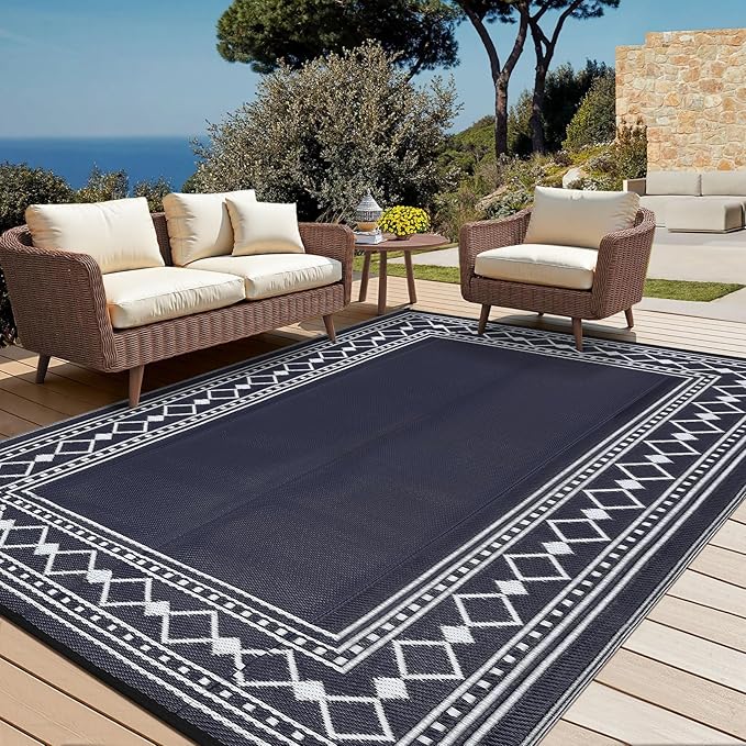 9x18 Large Outdoor Rug,Modern Bordered Plastic Straw Carpet,Waterproof Lightweight Outdoor Carpet,Easy Cleaning Folding Uv Resistant Picnic Camping Mat,Black and Blue/White
