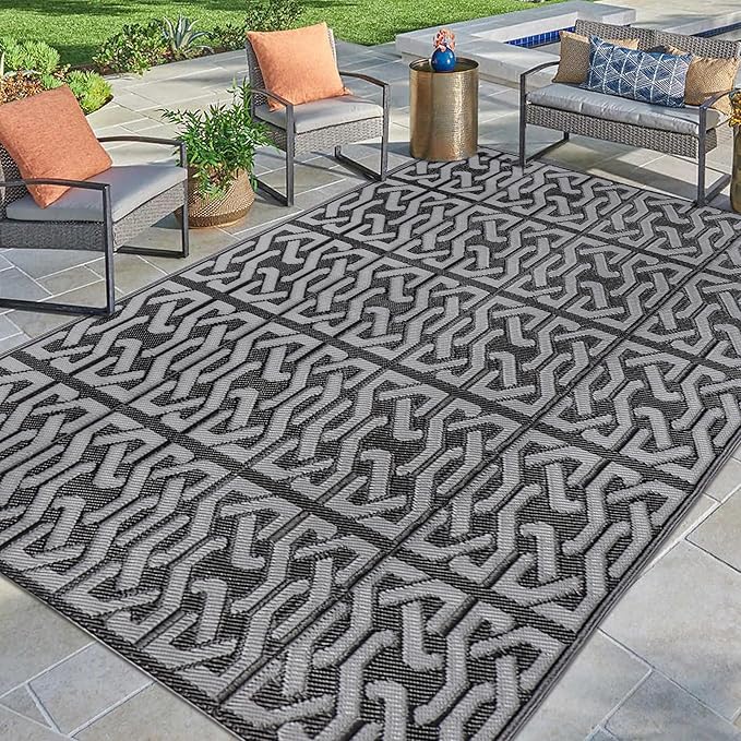 SAND MINE Reversible Mats, Plastic Straw Rug, Modern Area Rug, Large Floor Mat and Rug for Outdoors, RV, Patio, Backyard, Deck, Picnic, Beach, Trailer, Camping (9' x 12', Black & Grey)