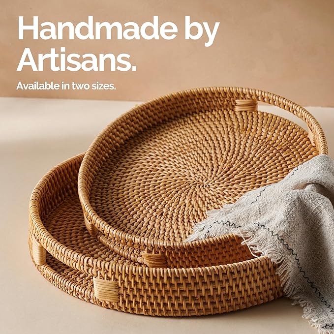 JUNGLE CULTURE Rattan Serving Tray 12" in Natural Honey • Woven Serving Trays with Handles for Home • Round Decorative Circle Table Tray • Boho Wicker Serving Basket for Ottoman, Coffee Table, Couch