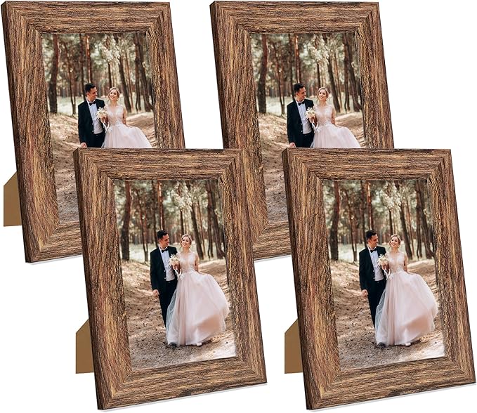 iRahmen 5x7 Picture Frame Set of 4, High Definition Glass Brown Frame, 5 x 7 Wood Rustic Photo Frames for Horizontal or Vertical Table Top and Wall Mounting