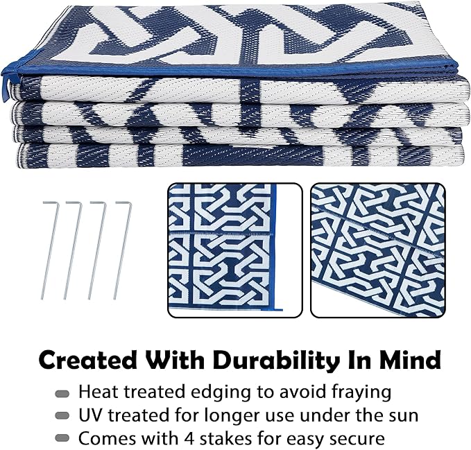 SAND MINE Reversible Mats, Plastic Straw Rug, Modern Area Rug, Large Floor Mat and Rug for Outdoors, RV, Patio, Backyard, Deck, Picnic, Trailer, Beach, Camping, Dark Blue & White, 9' x 12'