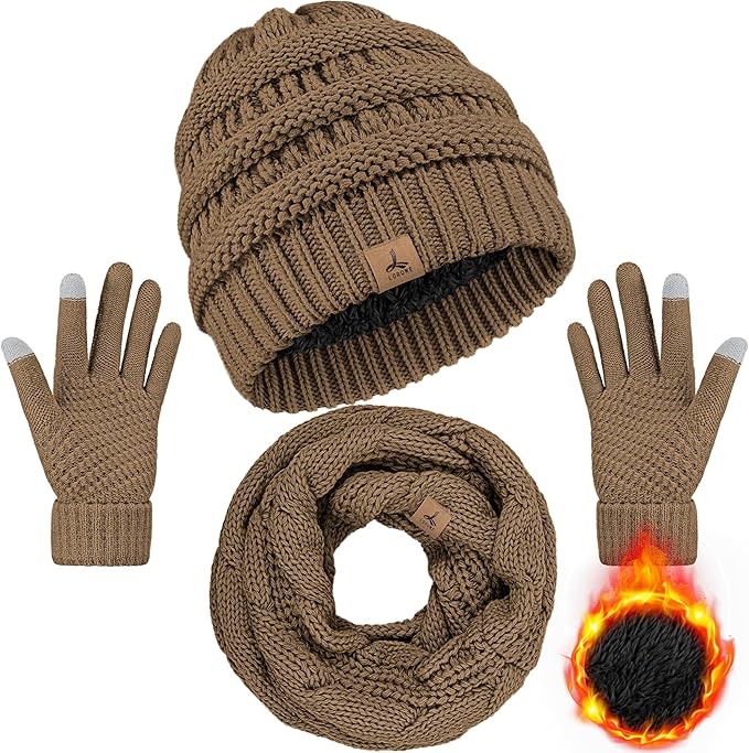 Winter Beanie Hat Scarf Gloves, Warm Fleece Knit Hats Touch Screen Gloves Neck Scarf Set Winter Gifts for Unisex Adult